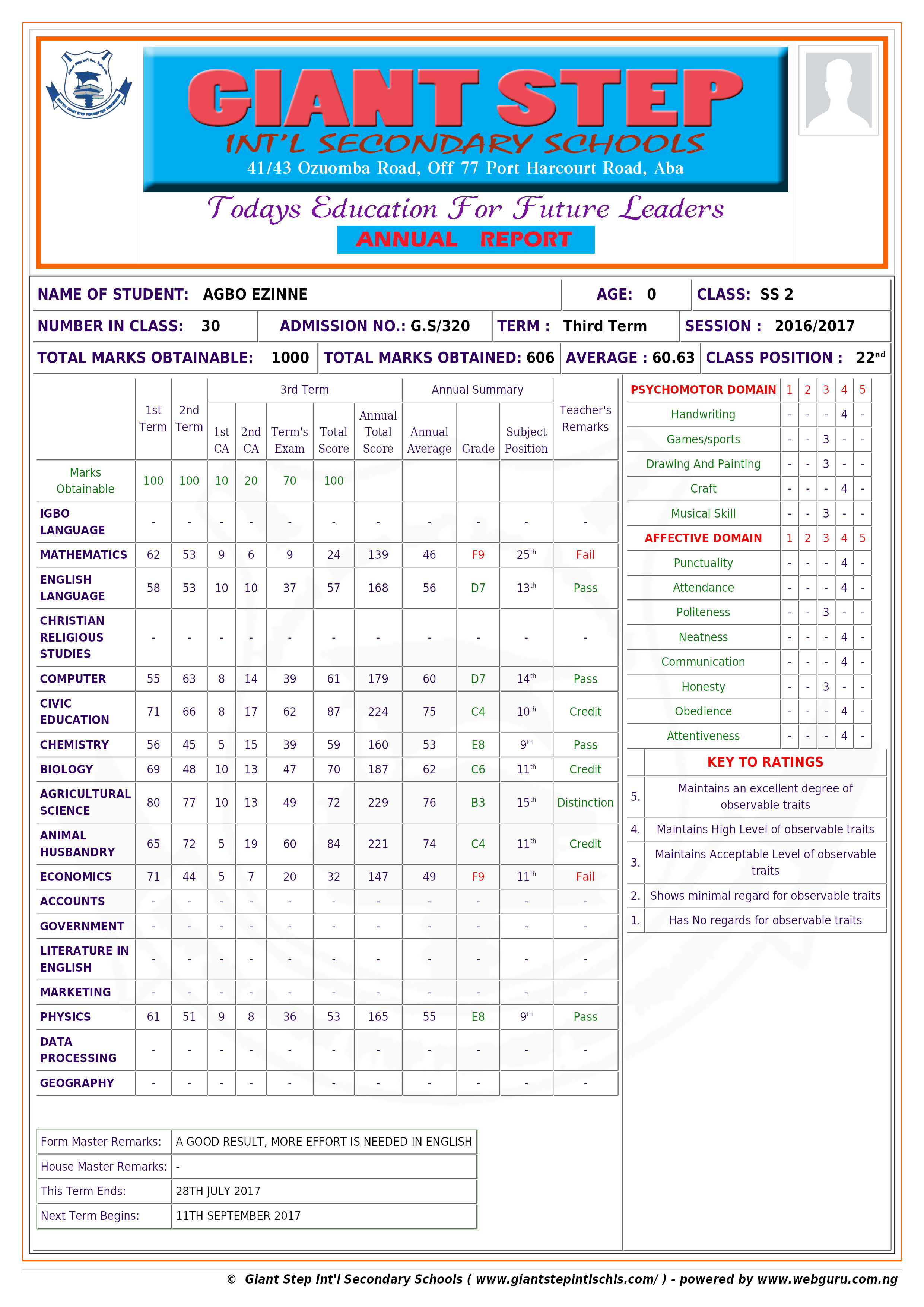 School Portal Result Template